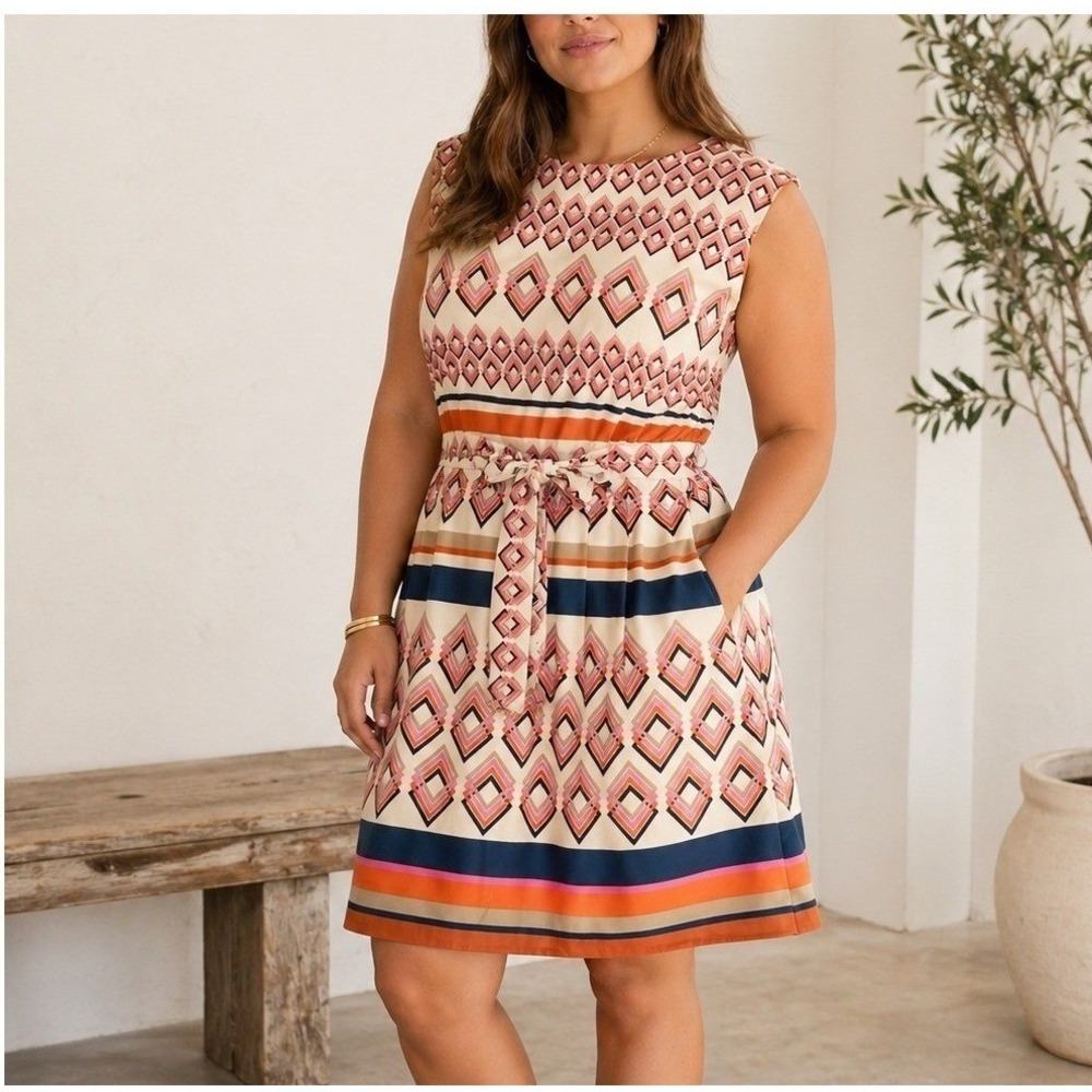 Jessica Howard Womens Dress 16 Geometric Diamond Striped Belt Retro Mod Colorful